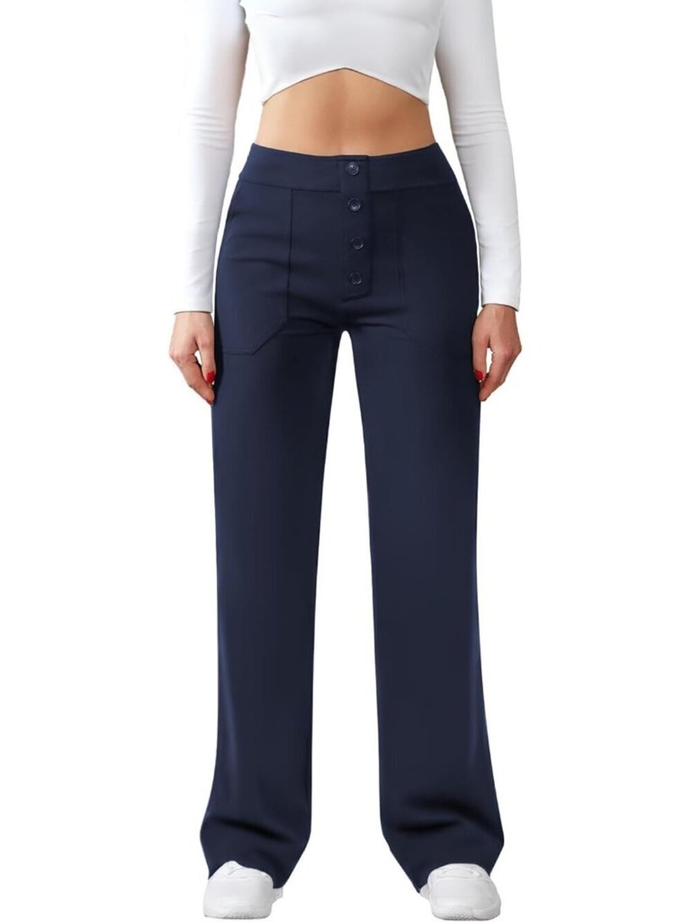 Women's Navy Blue Casual High Waist Straight Leg Stretchy Button Dress Pants
